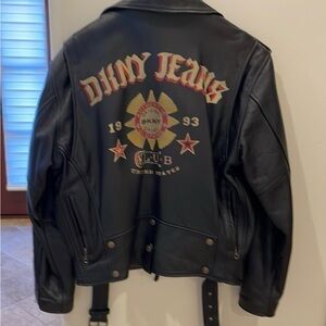 DKNY Vintage Leather Black Biker Motorcycle Painted Club 1993 Bomber Jacket